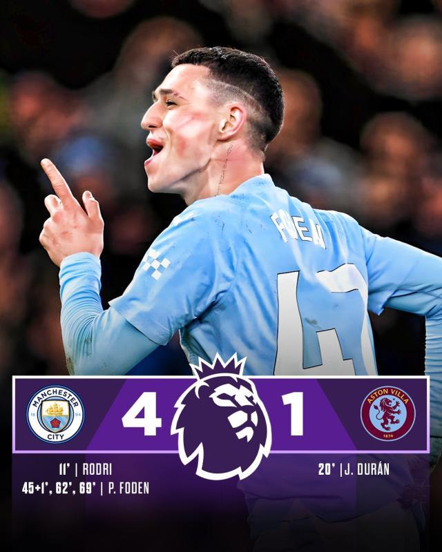 世界杯-【英超】福登戴帽罗德里传射，曼城主场4比1大胜维拉